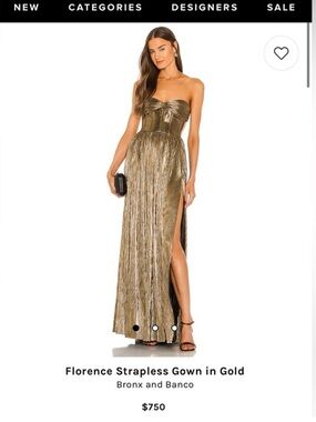 Bronx and Banco Metallic Gold Strapless Pleated Evening Gown